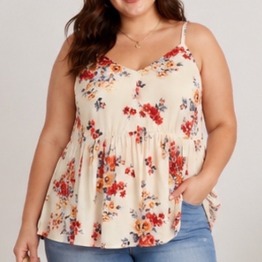 Torrid Womens Plus Size 2 Floral Babydoll Cami Top Cream Red Peplum Zip Back